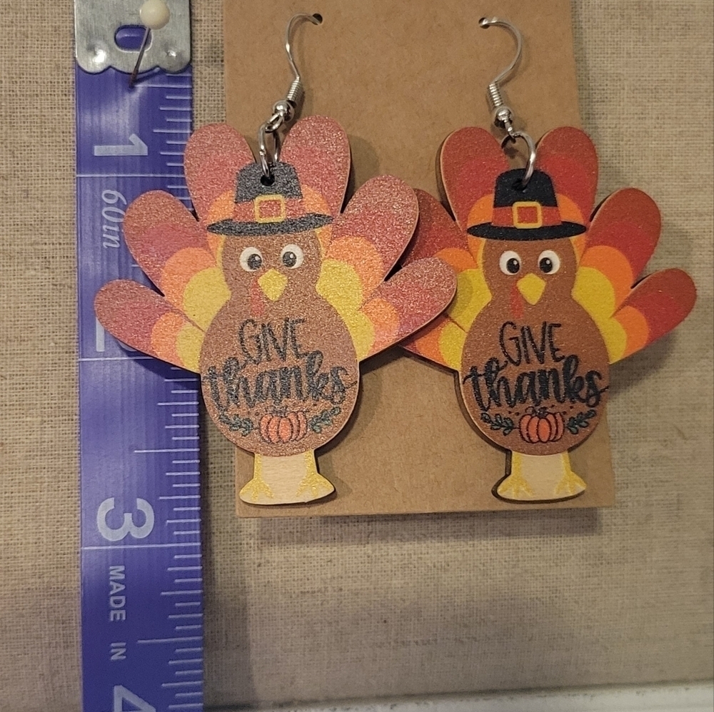 Wooden Thanksgiving Turkey Fall earrings orange, yellow, brown, wood